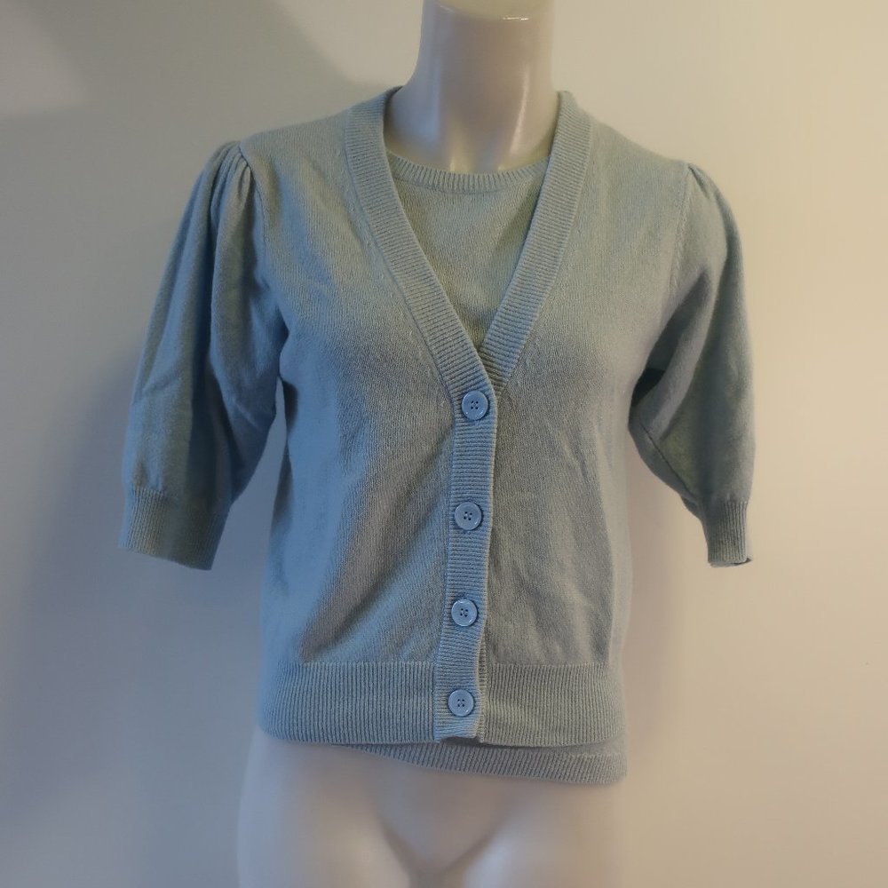 Womens Minnie Rose Light Blue 2Pc Coord Set Cashmere Shell Cardigan Sweater XS *